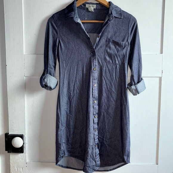 Casual Blue Lightweight Button Down Mini Dress Cute Roll Up Long Sleeves Small - Picture 3 of 10